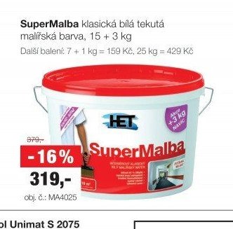 SuperMalba klasická bílá tekutá malířská barva, 15 + 3 kg