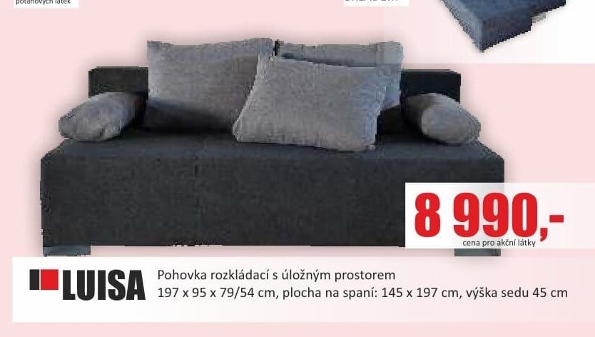 LUISA Pohovka rozkládací s úložným prostorem 197 x 95 x 79/54 cm, plocha na spaní: 145 x 197 cm, výška sedu 45 cm