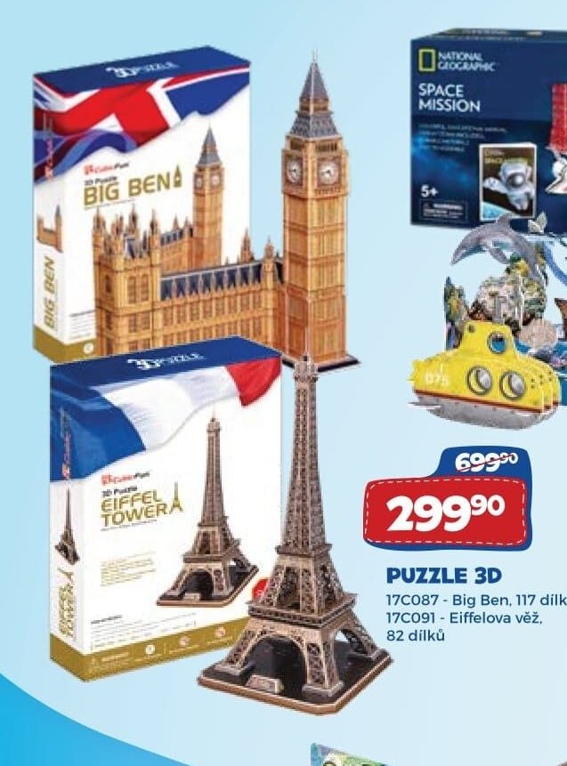 PUZZLE 3D 17C087 - Big Ben, 117 dílků, 17C091 - Eiffelova věž, 82 dílků