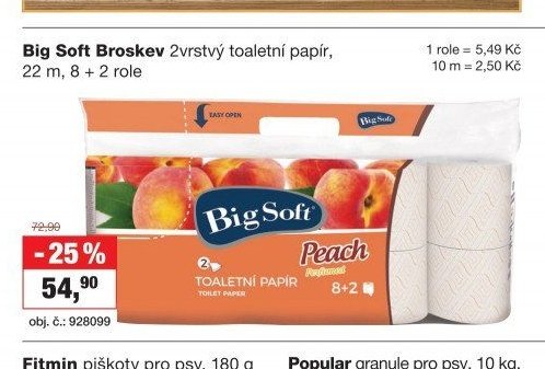 Big Soft Broskev 2vrstvý toaletní papír, 22 m, 8 + 2 role