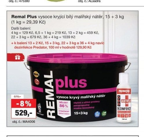 Remal Plus vysoce kryjící bílý malířský nátěr, 15 + 3 kg