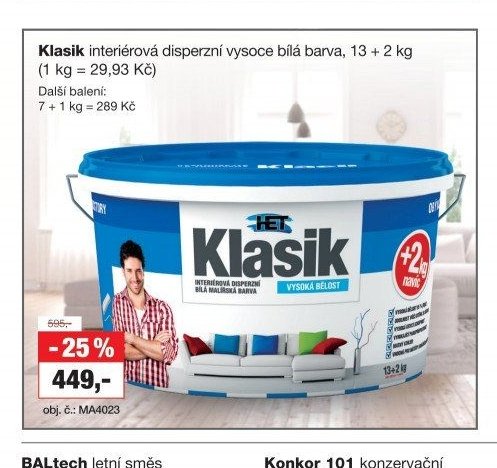 Klasik interiérová disperzní vysoce bílá barva, 13 + 2 kg