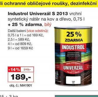 Industrol Univerzál S 2013 vrchní syntetický nátěr na kov a dřevo, 0,75 l + 25 % zdarma