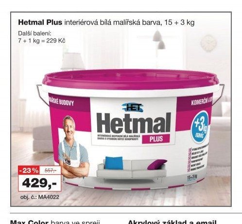 Hetmal Plus interiérová bílá malířská barva, 15 + 3 kg