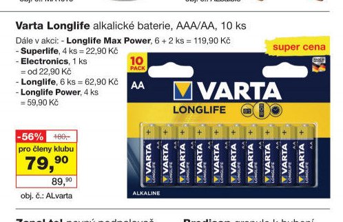 Varta Longlife alkalické baterie, AAA/AA, 10 ks