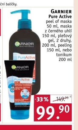 GARNIER Pure Active peel of maska 50 ml, maska z černého uhlí 150 ml, pleťový gel, 2 druhy, 200 ml, peeling 150 ml, nebo tonikum 200 ml