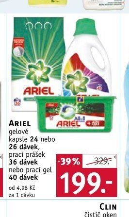 ARIEL gelové kapsle 26 dávek, prací prášek 36 dávek nebo prací gel 40 dávek