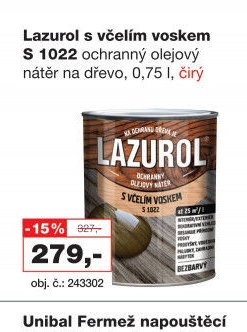 Lazurol s včelím voskem S 1022 ochranný olejový nátěr na dřevo, 0,75 l, čirý