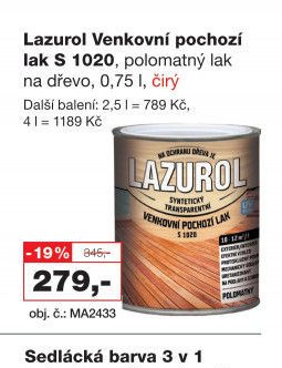 Lazurol Venkovní pochozí lak S 1020, polomatný lak na dřevo, 0,75 l, čirý