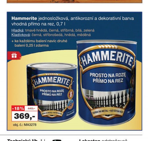 Hammerite jednosložková, antikorozní a dekorativní barva vhodná přímo na rez, 0,7 l