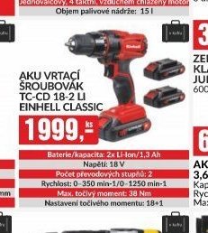 AKU VRTAČÍ ŠROUBOVÁK TC-CD 18-2 LI EINHELL CLASSIC