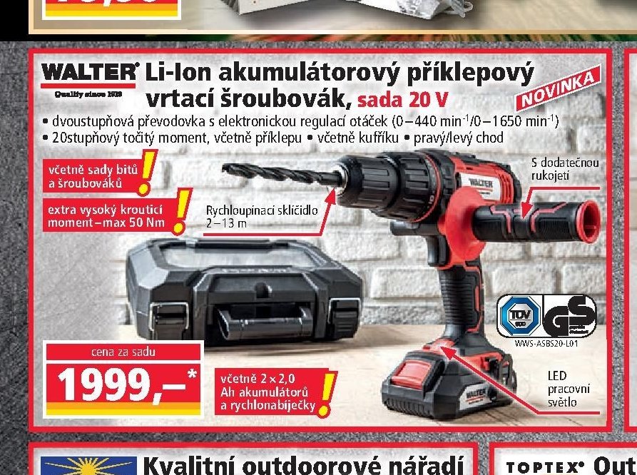 Li-Ion akumulátorový příklepový vrtací šroubovák, sada 20 V