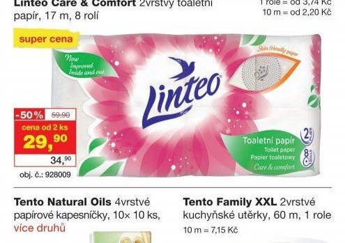 Linteo Care & Comfort 2vrstvý toaletní papír, 17 m, 8 rolí