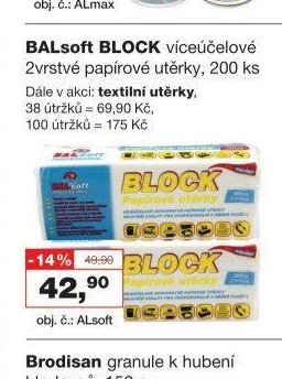 BALsoft BLOCK víceúčelové 2vrstvé papírové utěrky, 200 ks