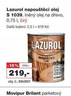 Lazurol napouštěcí olej S 1039, lněný olej na dřevo, 0,75 l, čirý