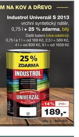Industrol Univerzál S 2013 vrchní syntetický nátěr, 0,75 l + 25 % zdarma, bílý