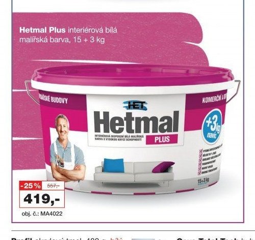 Hetmal Plus interiérová bílá malířská barva