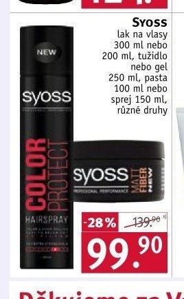 SYOSS lak na vlasy 300 ml nebo 200 ml, tužidlo nebo gel 250 ml, pasta 100 ml nebo sprej 150 ml, různé druhy