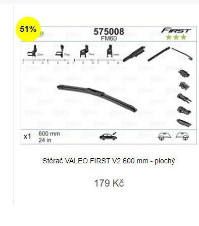 Stěrač VALEO FIRST V2 600 mm - plochý