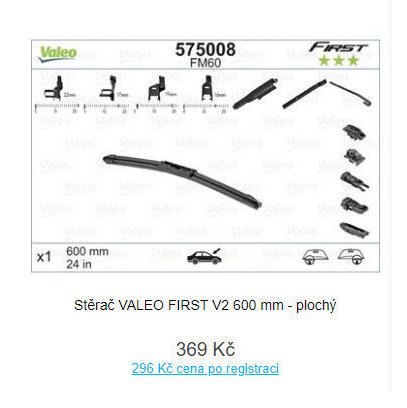 Stěrač VALEO FIRST V2 600 mm - plochý
