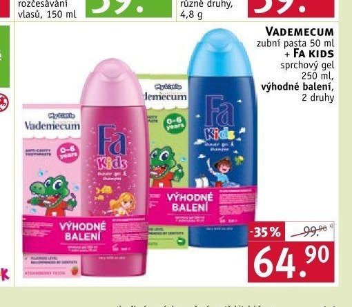VADEMECUM zubní pasta 50 ml + FA KIDS sprchový gel 250 ml, výhodné balení, 2 druhy