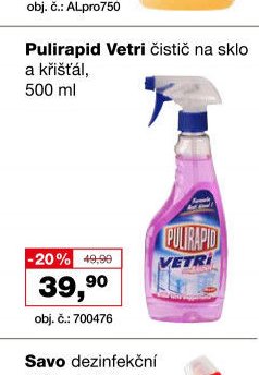 Pulirapid Vetri čistič na sklo 500 ml