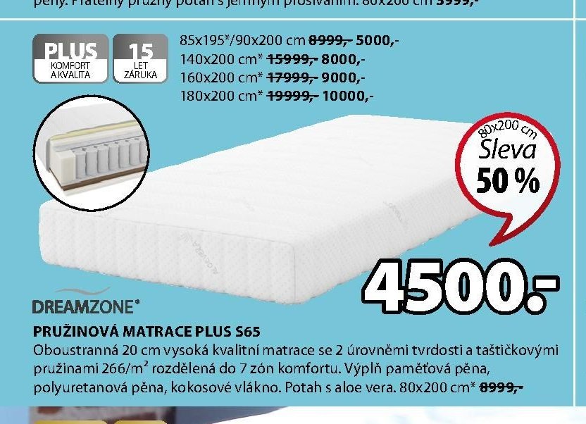DREAMZONE PRUŽINOVÁ MATRACE PLUS S65