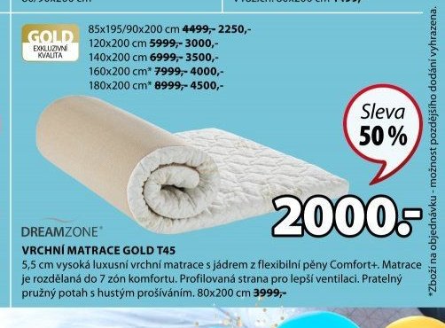 DREAMZONE VRCHNÍ MATRACE GOLD T45