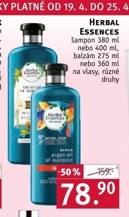 HERBAL ESSENCES šampon 380 ml nebo 400 ml, balzám 275 ml nebo 360 ml na vlasy, různé druhy