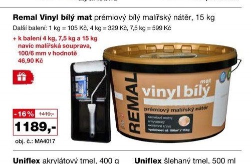 Remal Vinyl bílý mat prémiový bílý malířský nátěr, 15 kg