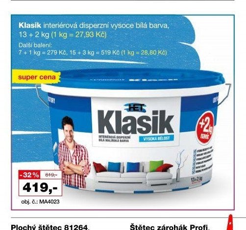 Klasik interiérová disperzní vysoce bílá barva, 13 + 2 kg