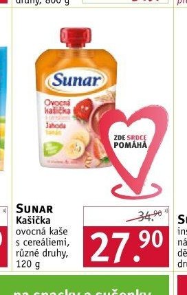 SUNAR Kašička ovocná kaše s cereáliemi, různé druhy, 120 g