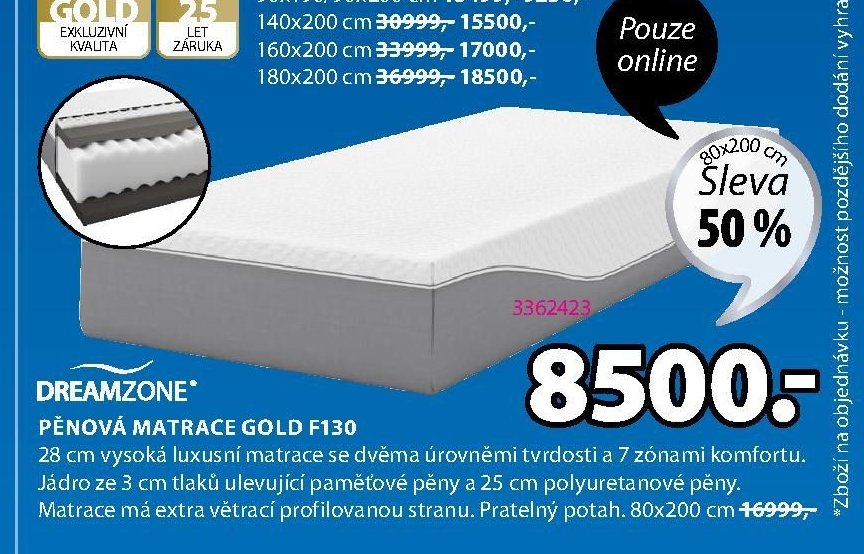 DREAMZONE PĚNOVÁ MATRACE GOLD F130