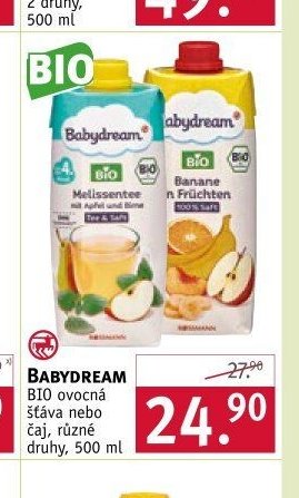 BABYDREAM BIO ovocná šťáva nebo čaj, různé druhy, 500 ml