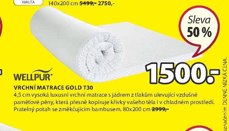 WELLPUR VRCHNÍ MATRACE GOLD T30