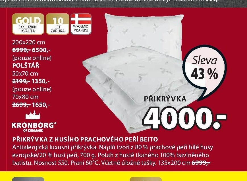 Přikrývka z husího prachového peří Beito