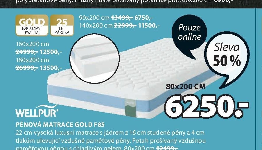 WELLPUR PĚNOVÁ MATRACE GOLD F85