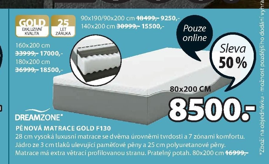 DREAMZONE PĚNOVÁ MATRACE GOLD F130