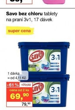 Savo bez chloru tablety na praní 3v1, 17 dávek