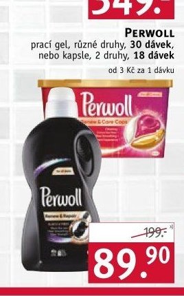 PERWOLL prací gel, různé druhy, 30 dávek, nebo kapsle, 2 druhy, 18 dávek