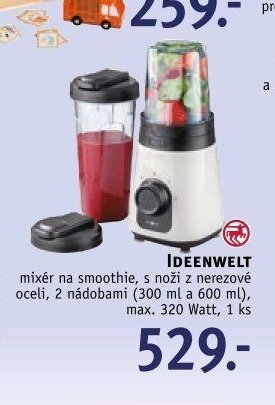 IDEENWELT mixér na smoothie, s noži z nerezové oceli, 2 nádobami (300 ml a 600 ml), max. 320 Watt, 1 ks