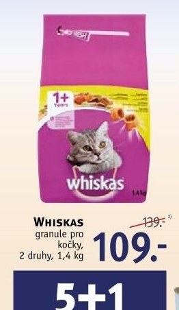 WHISKAS granule pro kočky, 2 druhy, 1,4 kg