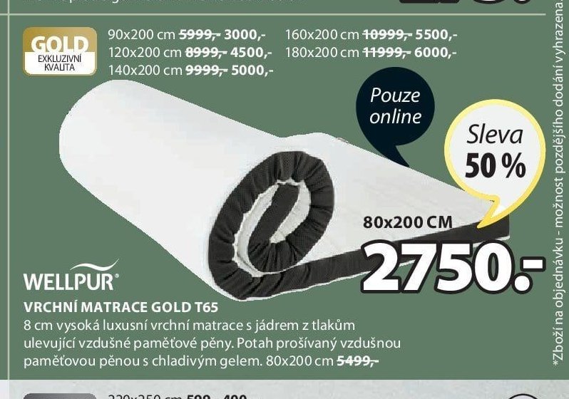 WELLPUR VRCHNÍ MATRACE GOLD T65