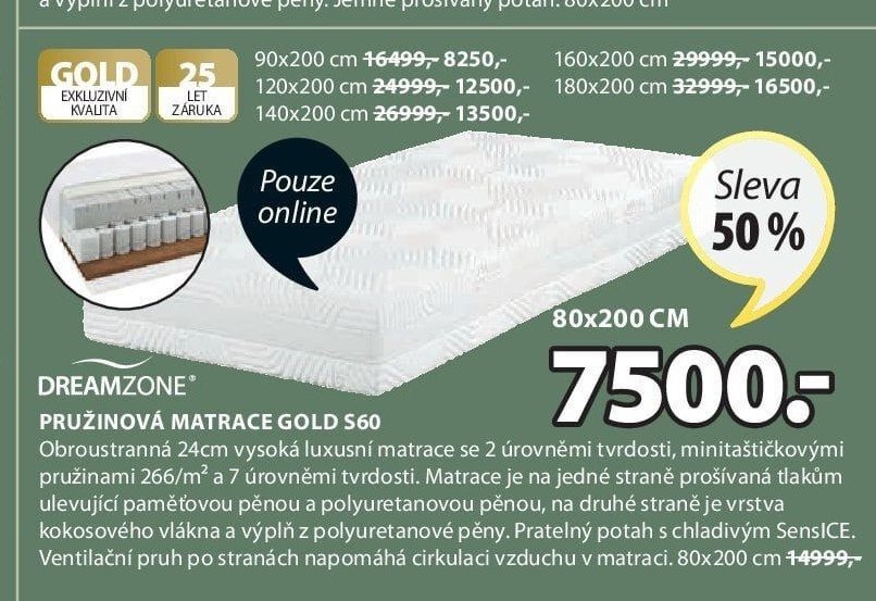 DREAMZONE PRUŽINOVÁ MATRACE GOLD S60