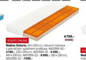 Medixo Ontario, 90 × 200 cm, robustní matrace s pokročilým systémem profilace, 4603559-00 - 4799,-, 120 × 200 cm, 4603559-01 - 6299,-, 140 × 200 cm, 4603559-02 - 6999,-, 160 × 200 cm, 4603559-03 - 7999,-