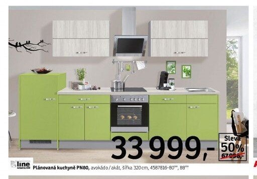Plánovaná kuchyně PN80, avokádo / akát, šířka 320 cm