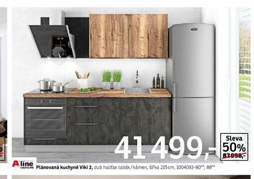 Plánovaná kuchyně Viki 2, dub halifax tabák/kámen, šířka 215 cm