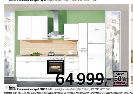 Plánovaná kuchyně PN220, bílá - vysoký lesk / akácie, šířka 310 cm