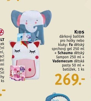 KIDS dárkový balíček pro holky nebo kluky: Fa dětský sprchový gel 250 ml + Schauma dětský šampon 250 ml + Vademecum dětská pasta 50 ml + batůžek, 1 ks