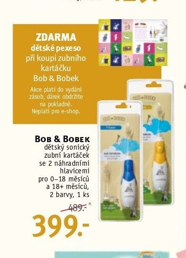 BOB & BOBEK dětský sonický zubní kartáček se 2 náhradními hlavicemi pro 0-18 měsíců a 18+ měsíců, 2 barvy, 1 ks